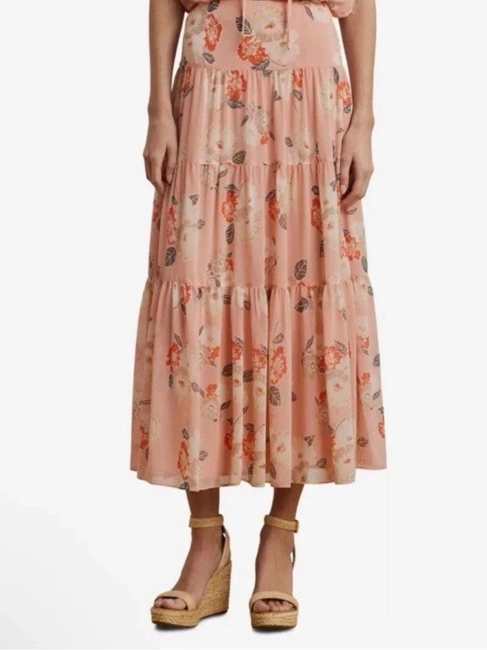 Lauren Ralph Lauren Maxi Skirt SZ 4 Peach Floral Crinkle Georgett Tiers NWT $165